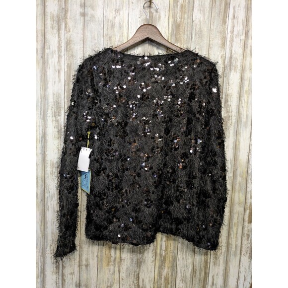 CeCe Black Sequin Feather Fringe Cocktail Top Long Sleeve Women's Small NWT $89 - Picture 5 of 11